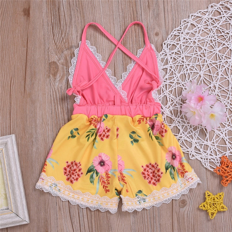 Girls Sleeveless Floral Lace Strap Romper