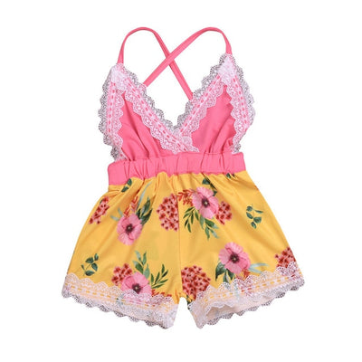 Girls Sleeveless Floral Lace Strap Romper