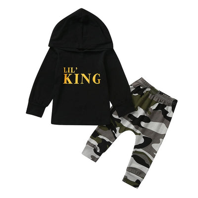 2 Pcs Boys "Lil' King" Letter Hoodie & Pants Set