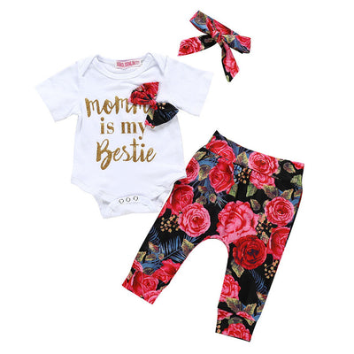 3 Pcs Girls Letter Onesie, Flower Pants & Headband Set