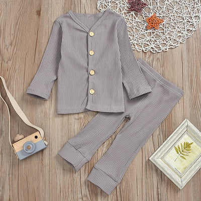 2 Pcs Unisex Knitted, Ribbed Long Sleeve Top & Pants Set