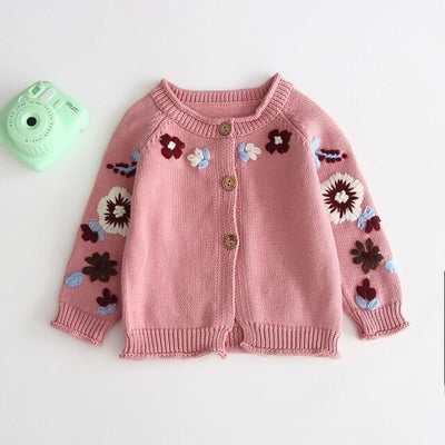 Girls Cute Floral Knit Cardigan
